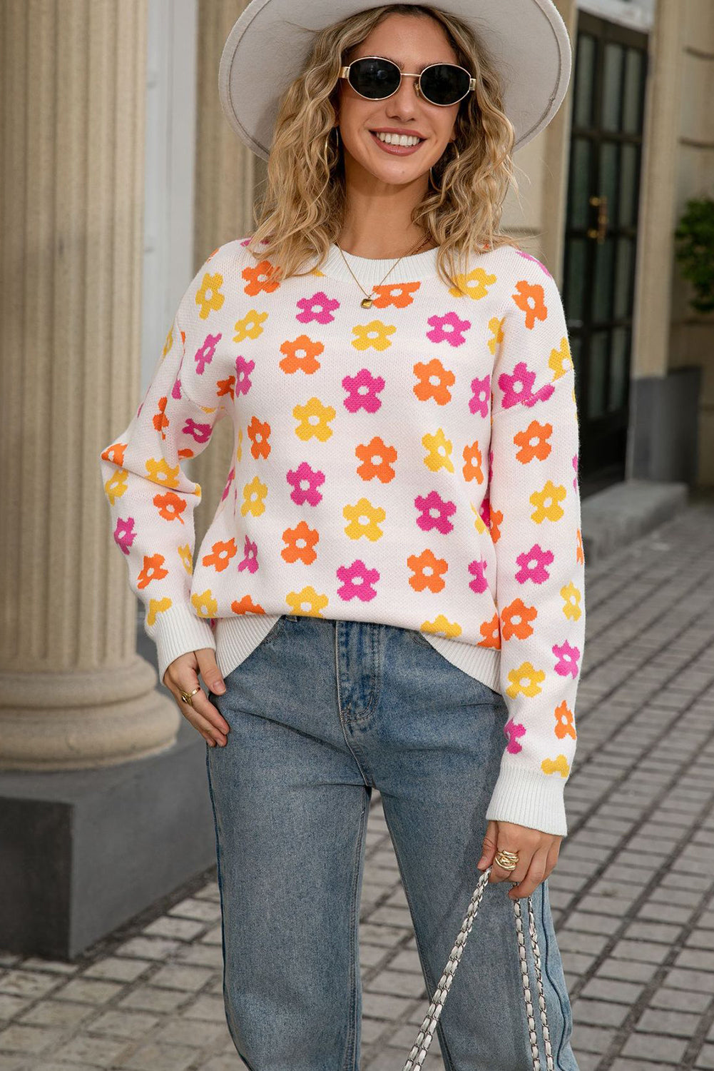 White Cute Flower Allover Ribbed Trimmed Drop Shoulder Pullover Sweater