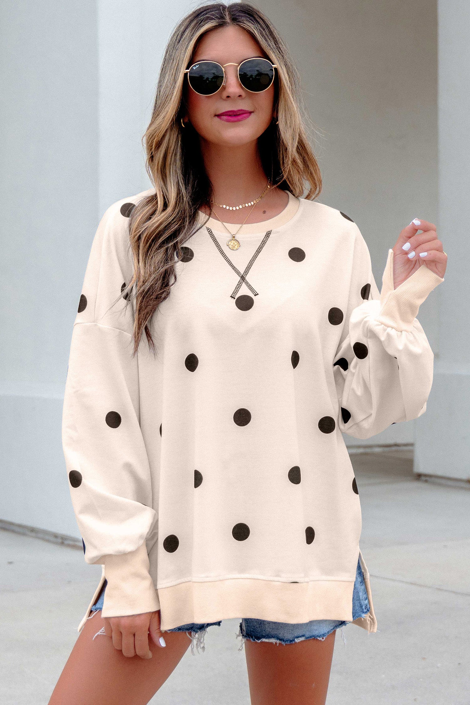 Beige Polka Dot Loose Long Sleeve Split Hem Pullover Top