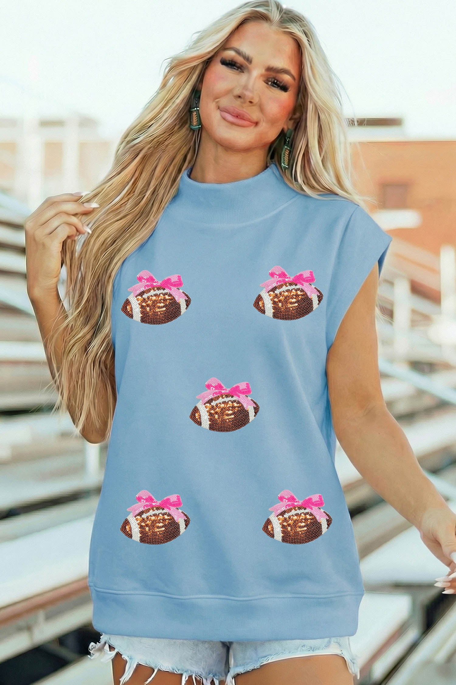 Myosotis Sequin Bow Rugby Pattern High Neck Short Sleeve Tunic Top