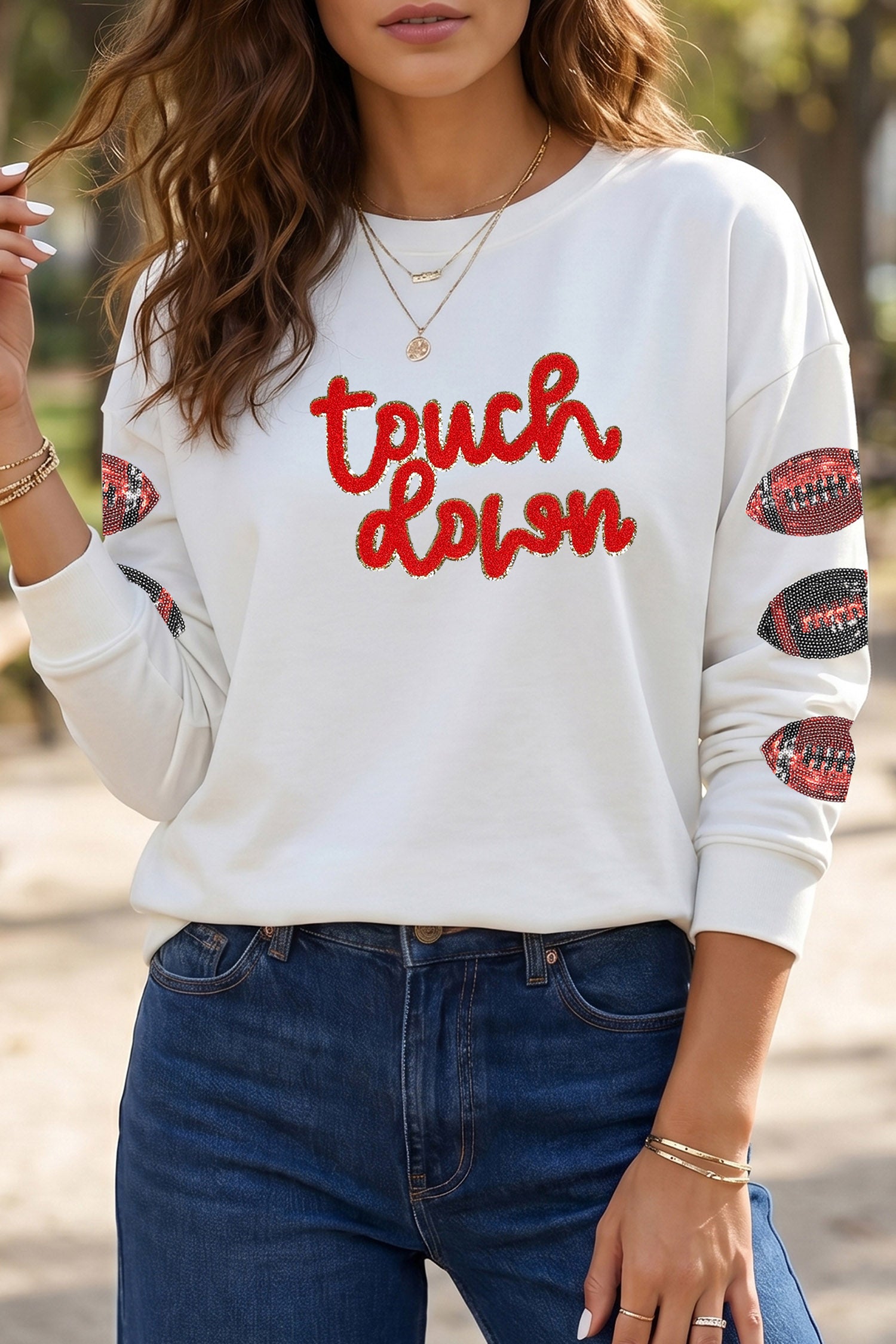 White Game Day Touch Down Sequin Rugby Long Sleeve Tee