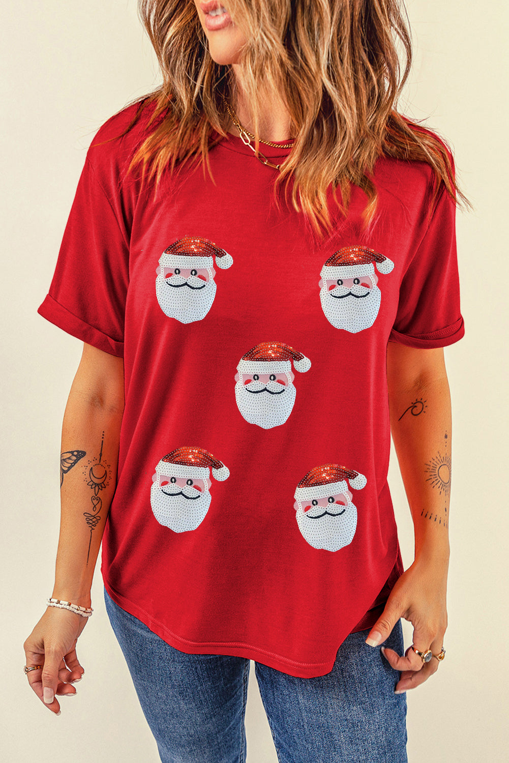 Red Faux Sequin Christmas Claus Pattern Crewneck T Shirt