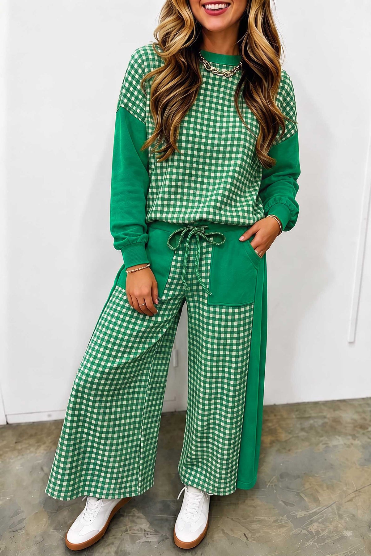 Green Color Block Plaid Patchwork Long Sleeve Pullover Wide Leg Pant Set