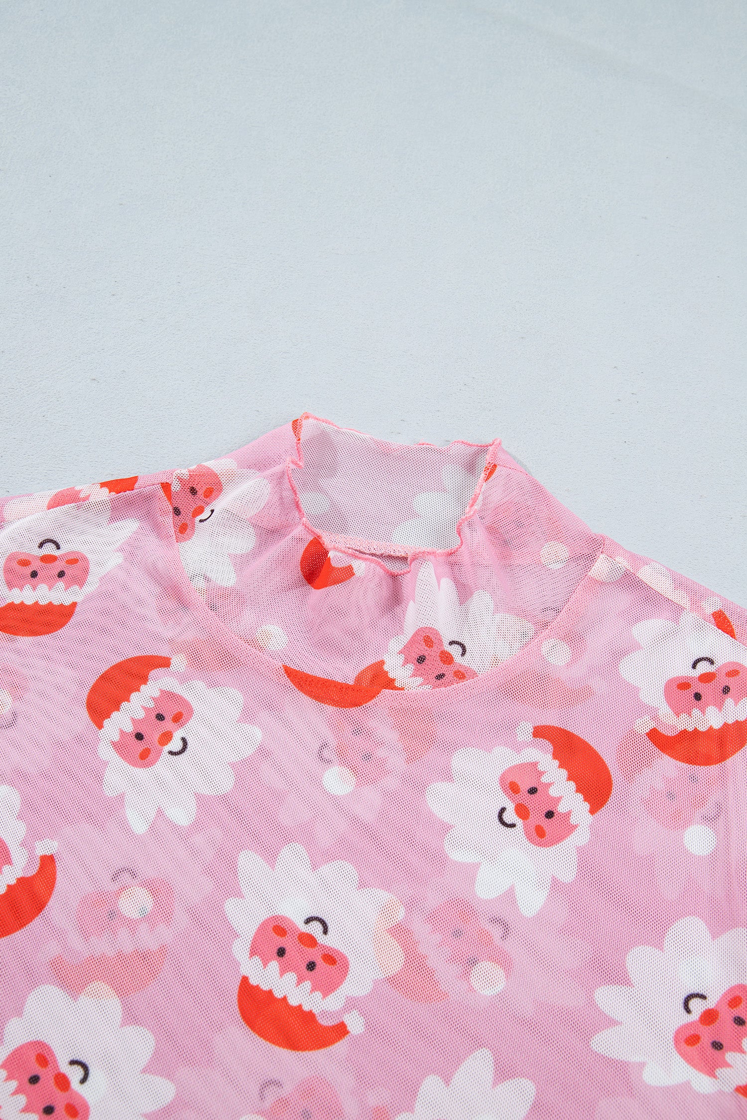Pink Abstract Santa Print Stand Neck Sheath Long Sleeve Top