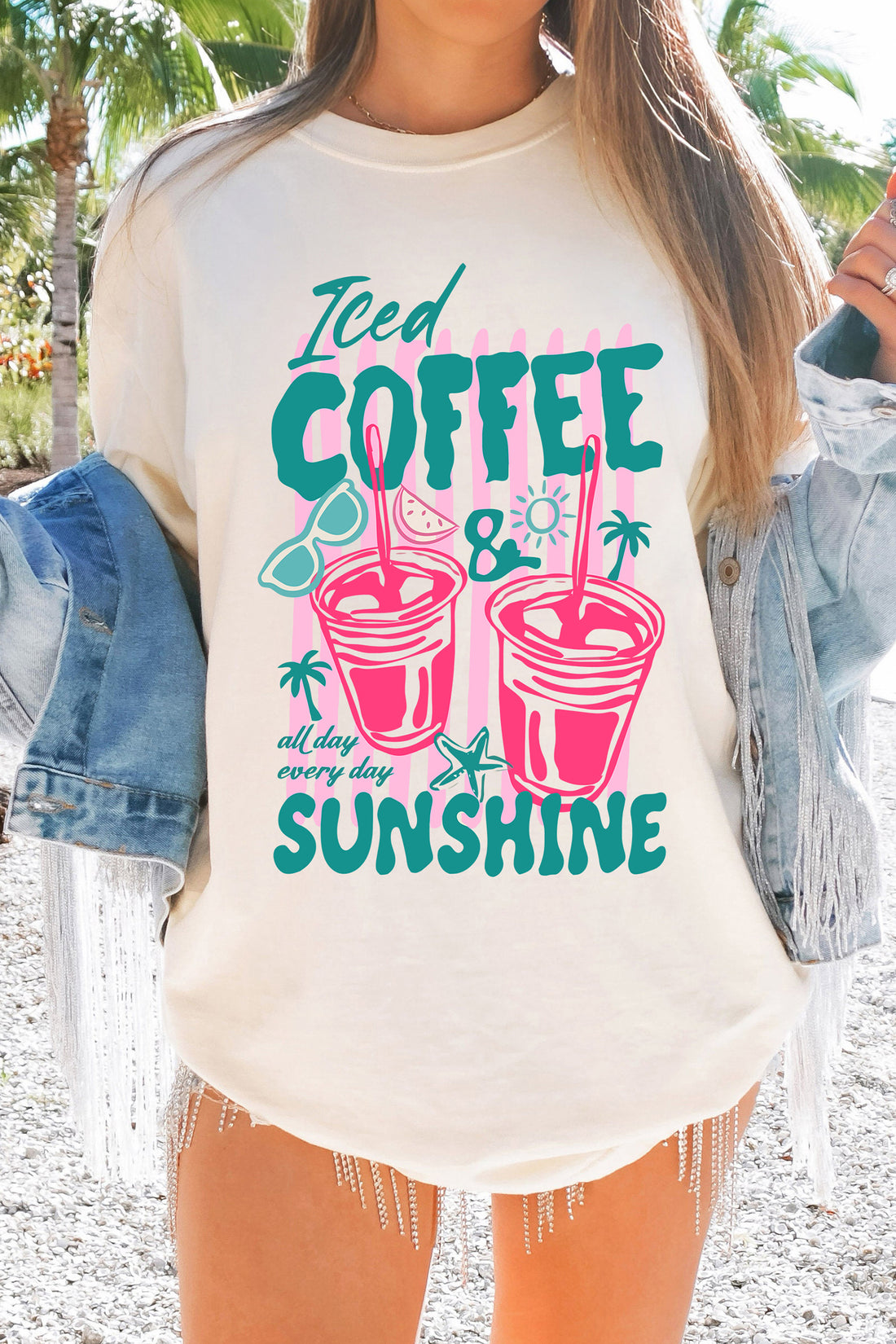 White Iced Coffee Sunshine Vacation Graphic Tunic T Shirt
