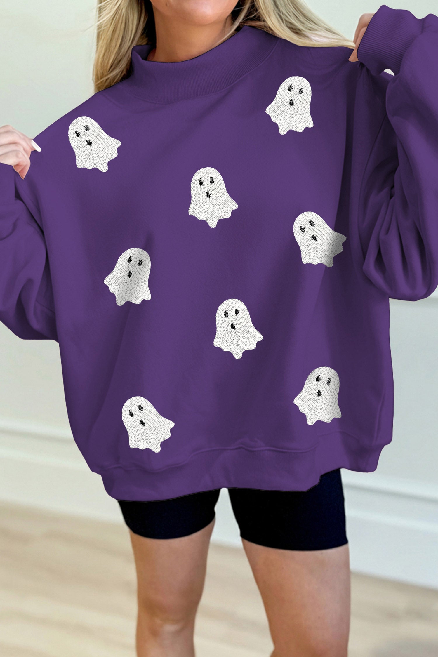 Tillandsia Purple Halloween Sequined Ghost Print Mock Neck Graphic Sweatshirt