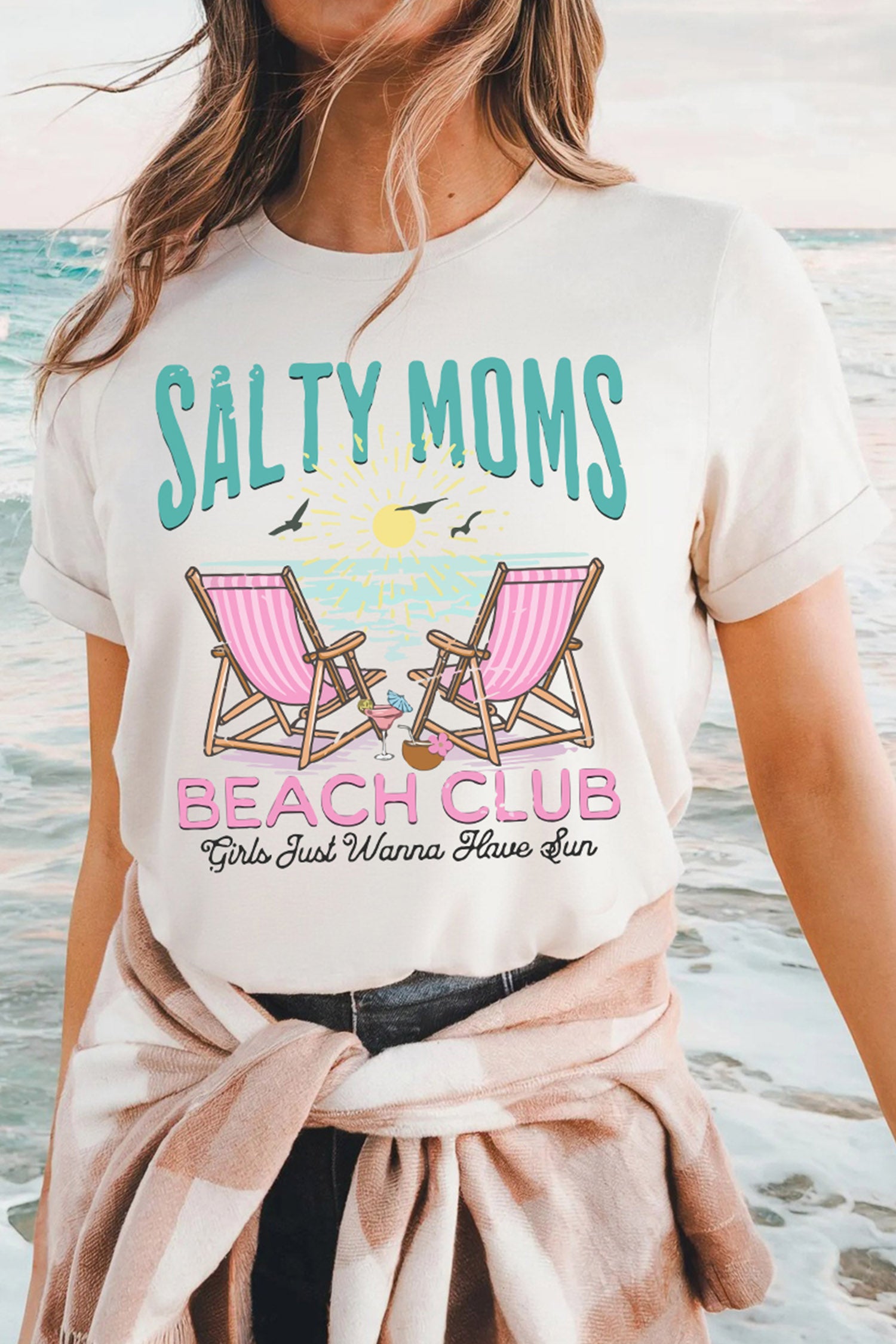 White Salty Moms Beach Club Short Sleeve Graphic Tee