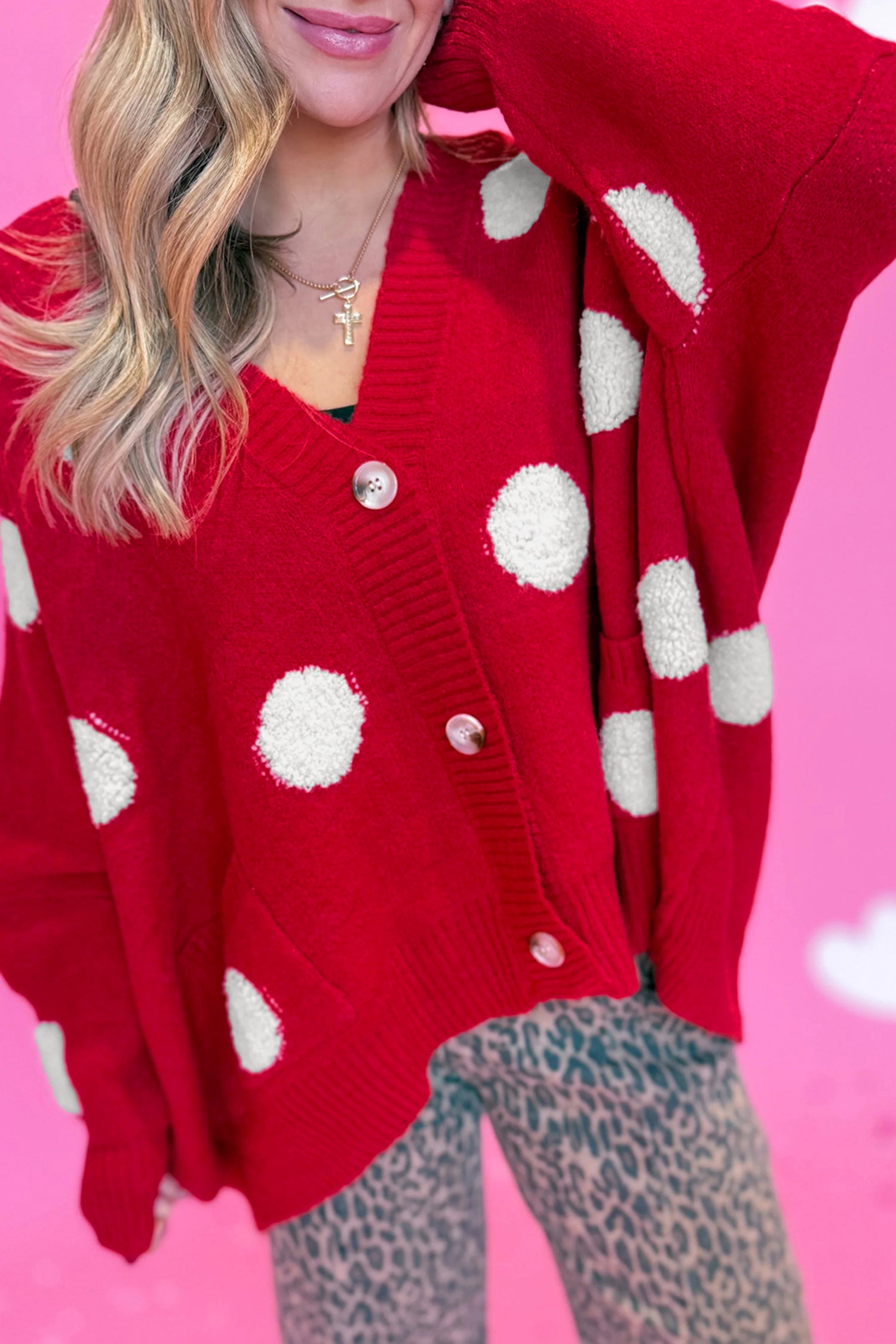 Red Polka Dot Button Front Oversized V Neck Cardigan