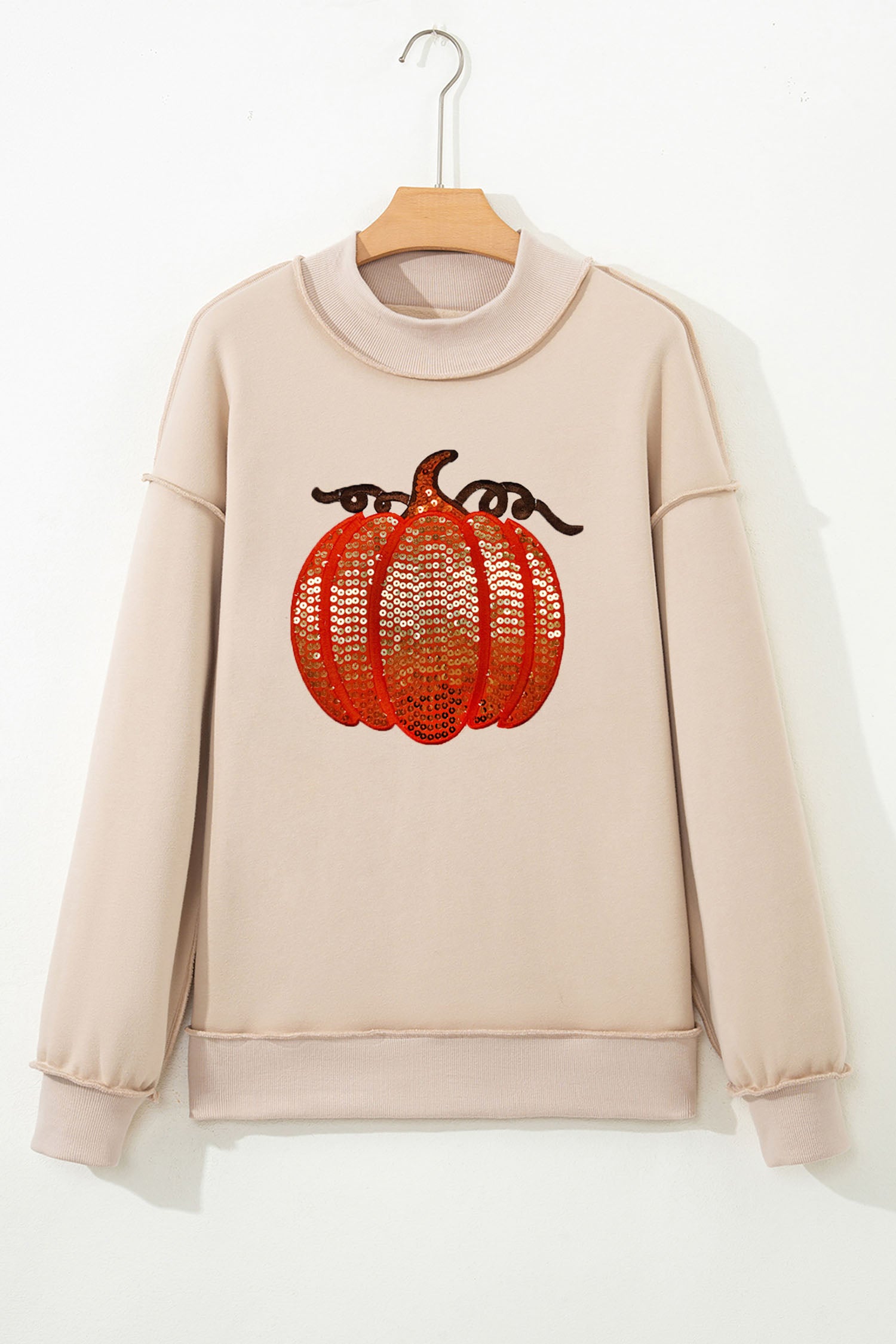 Apricot Sequined Pumpkin Graphic High Neck Baggy Sweatshirt