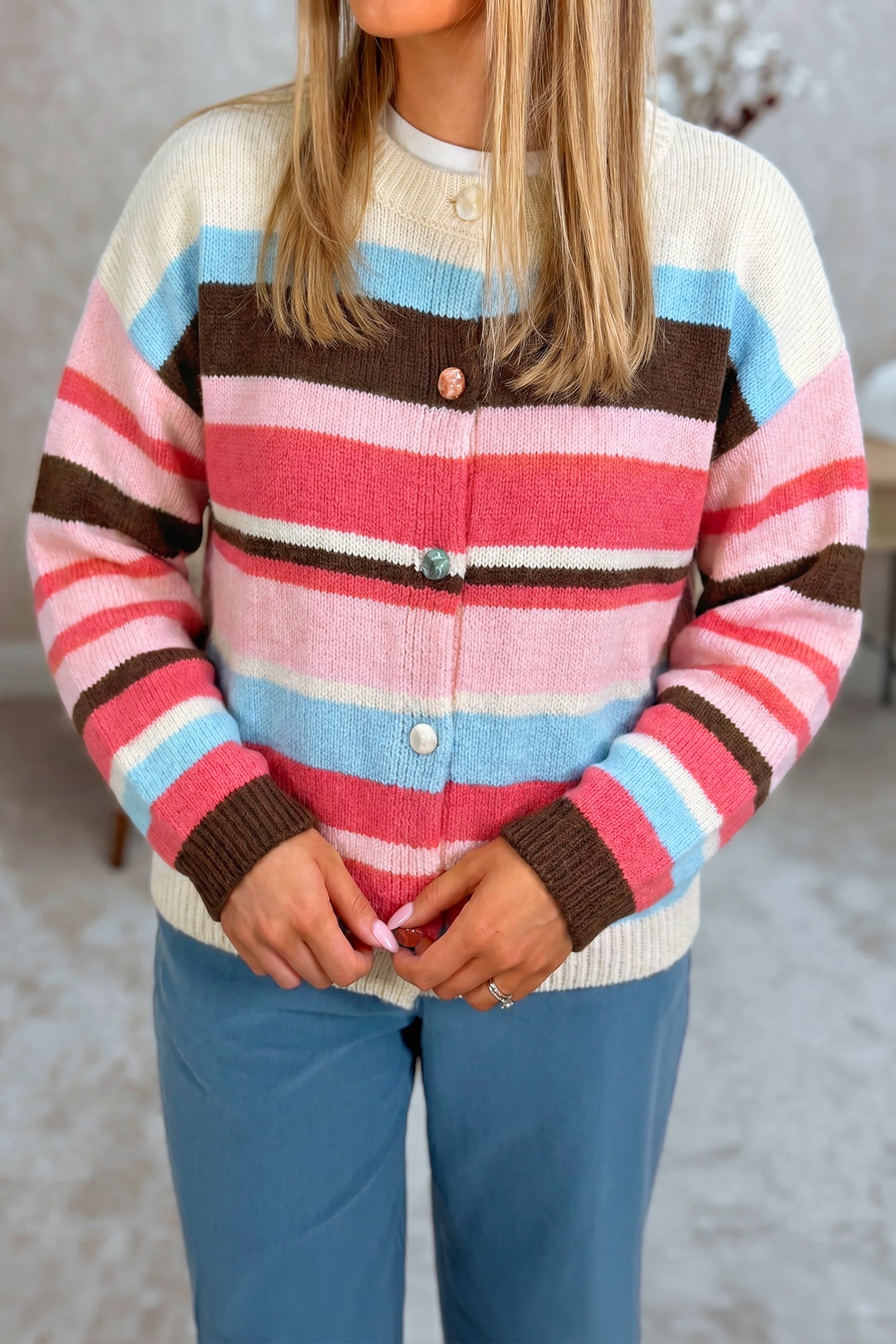 Pink Stripe Striped Colorblock Drop Shoulder Cardigan