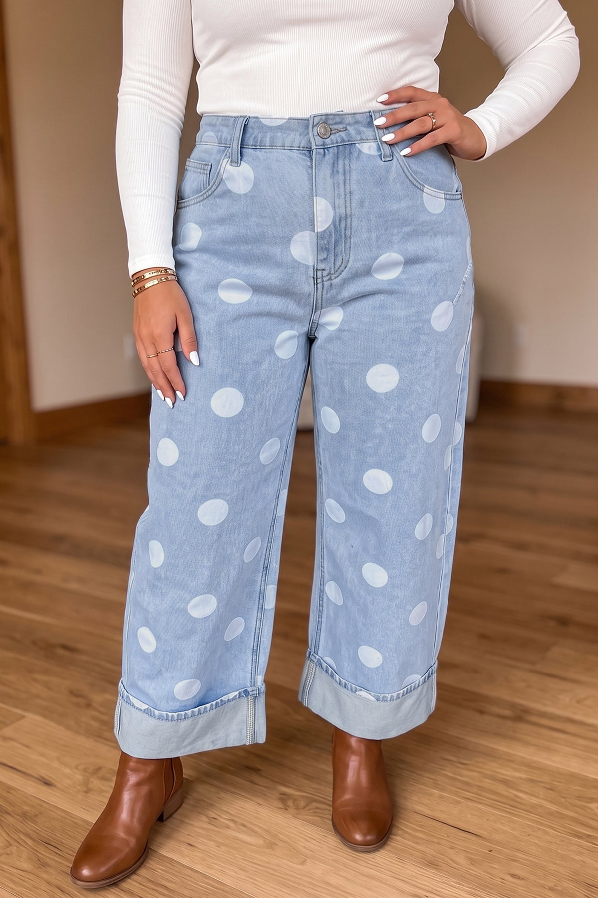 Sky Blue Polka Dot Full Length Regular Fit Plus Size Jeans