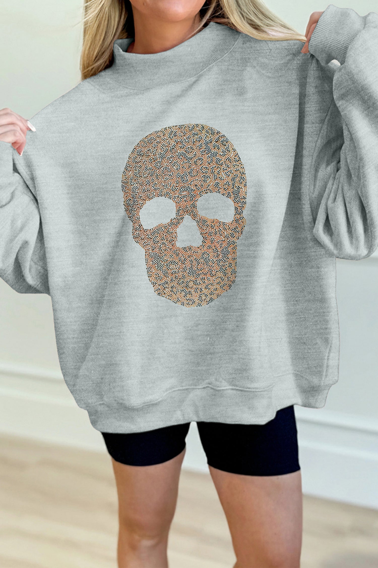 Gray Halloween Rhinestone Skull Graphic Mock Neck Baggy Pullover Sweatshirt