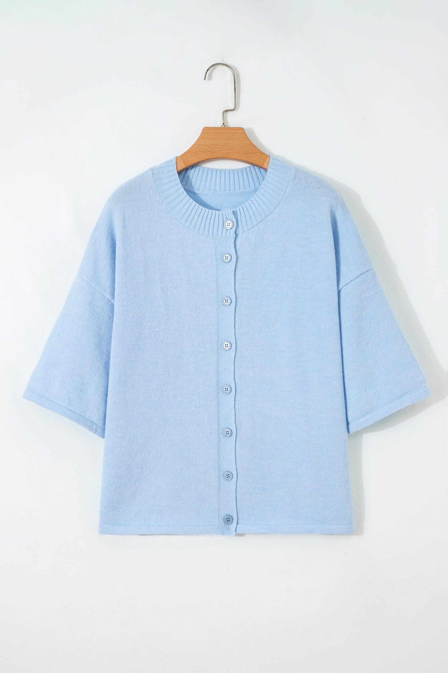 Beau Blue 3/4 Sleeve Boxy Knit Button Down Sweater Cardigan