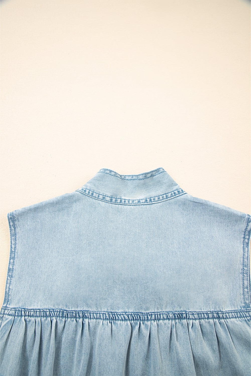 Beau Blue Bowknot Neck Sleeveless Ruffled Chambray Dress