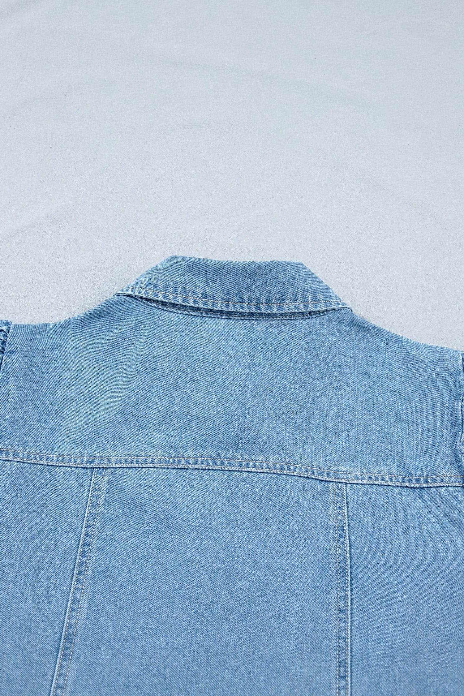 Beau Blue Button Down Short Puff Sleeve Ruffle Hem Patchwork Denim Dress