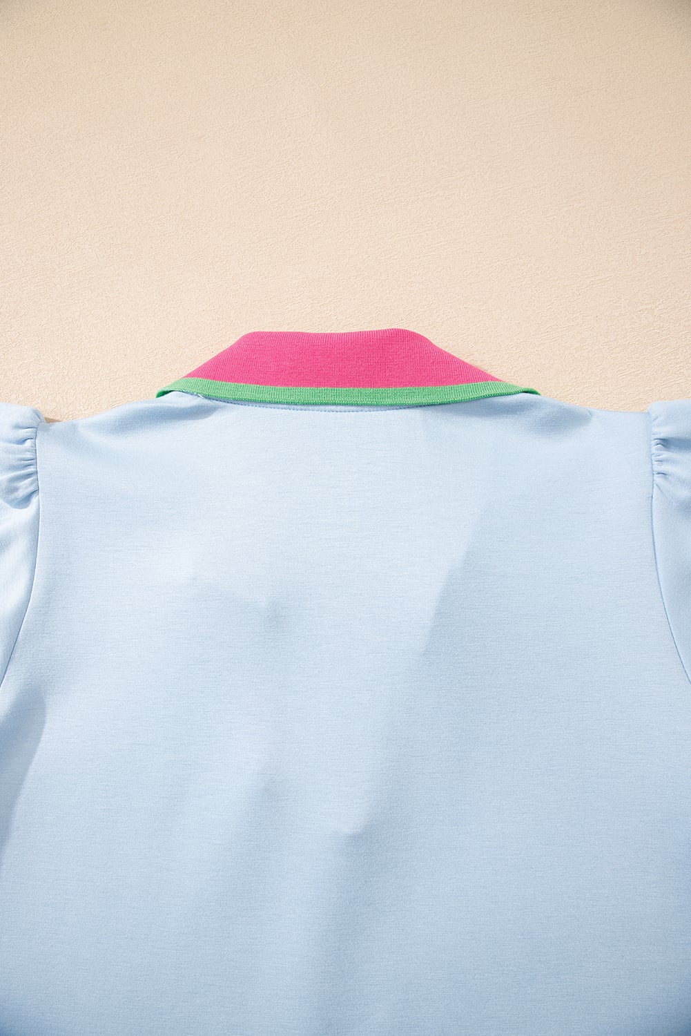 Beau Blue Color Contrast Ruffled Sleeve Collared V Neck Blouse