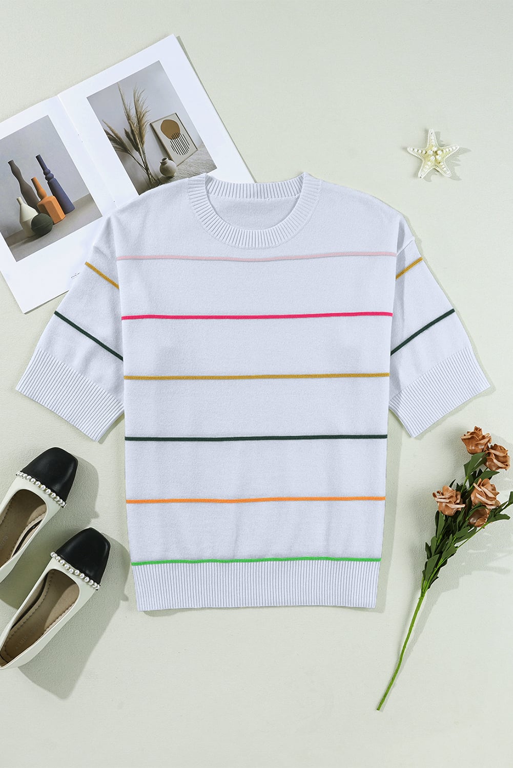 Beau Blue Colorblock Striped Half Sleeve Drop Shoulder Sweater