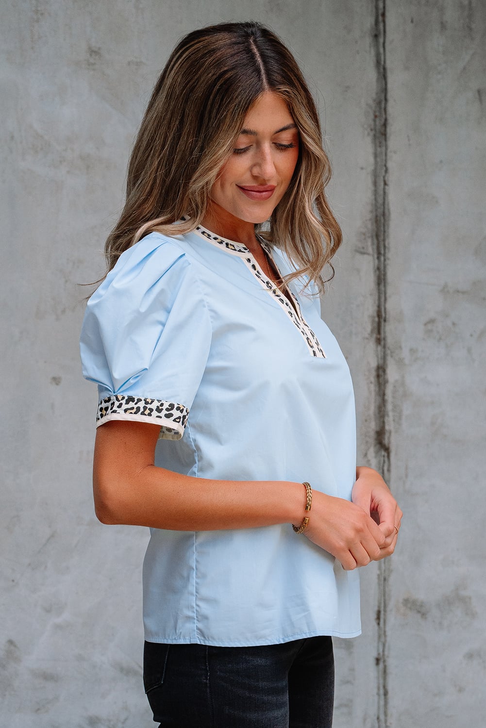 Beau Blue Contrast Leopard Trim Split Neck Puff Sleeve Blouse