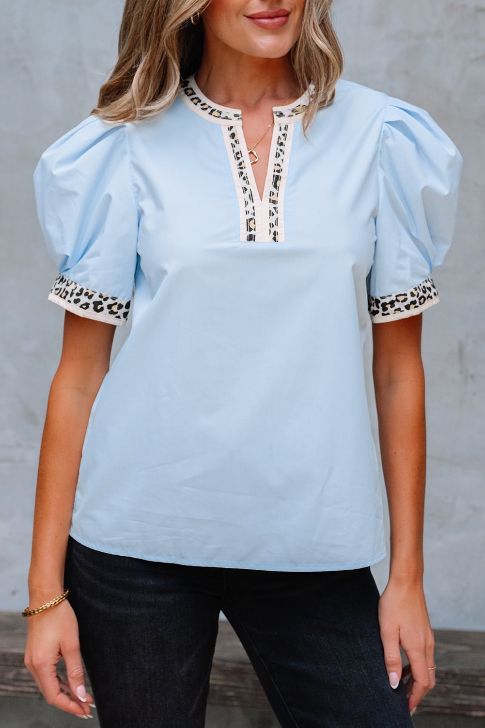 Beau Blue Contrast Leopard Trim Split Neck Puff Sleeve Blouse