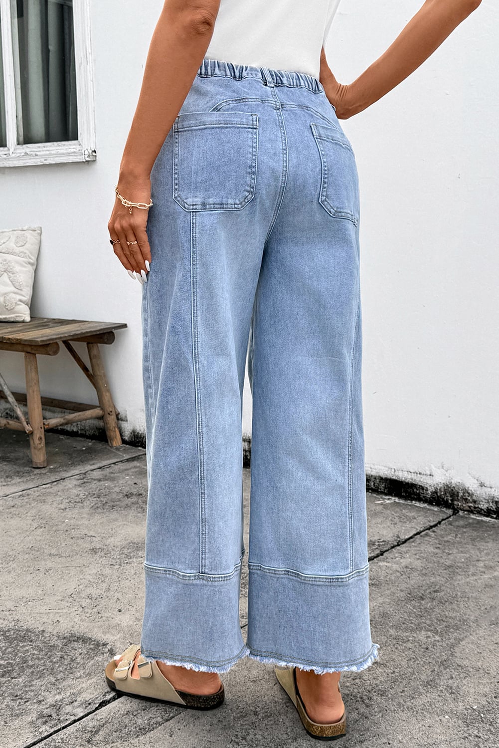 Beau Blue Drawstring Seam Detail Raw Hem Wide Leg Denim Pants