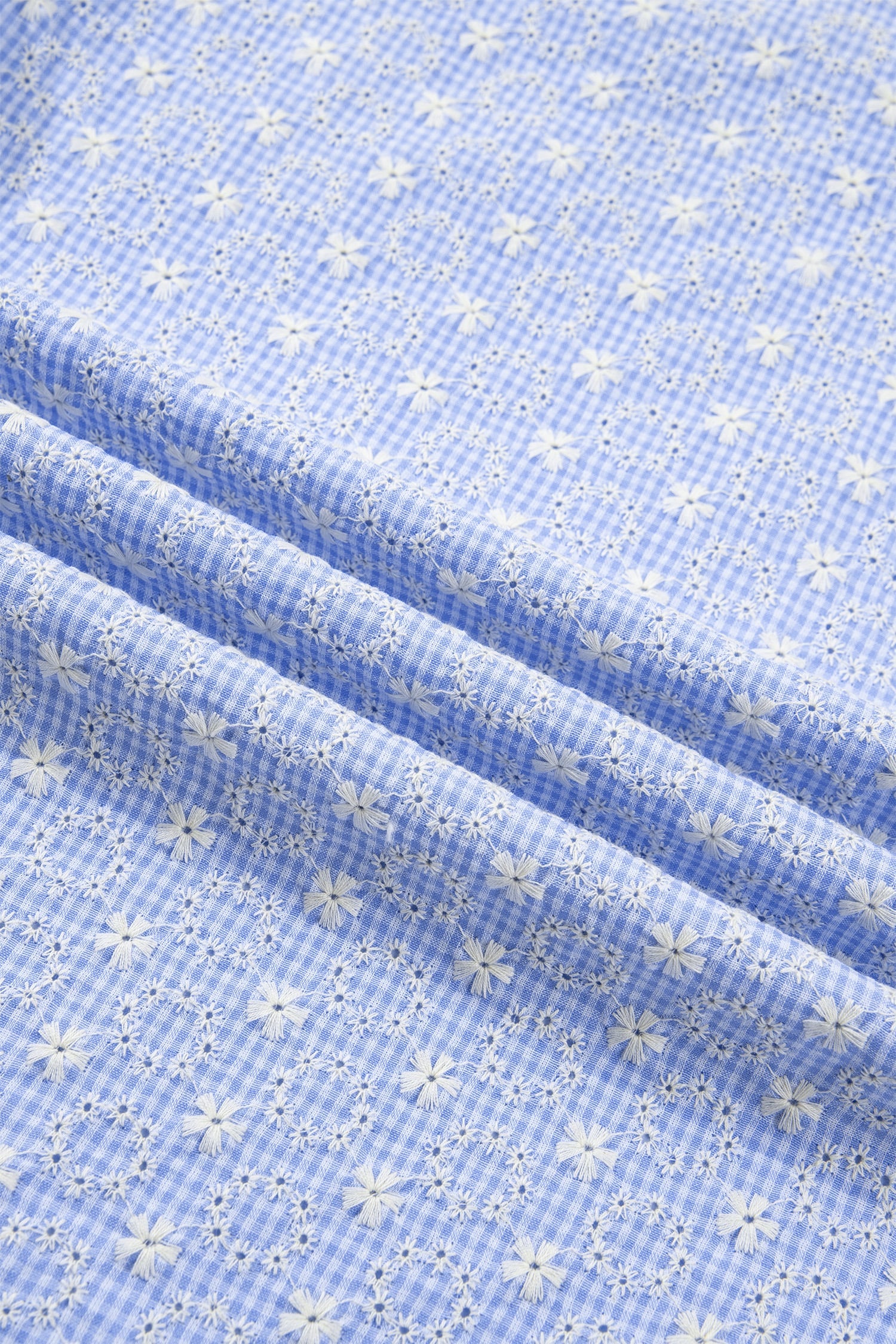 Beau Blue Eyelet Embroidered Flower Texture Contrast Lace Trim Flutter Sleeve Blouse