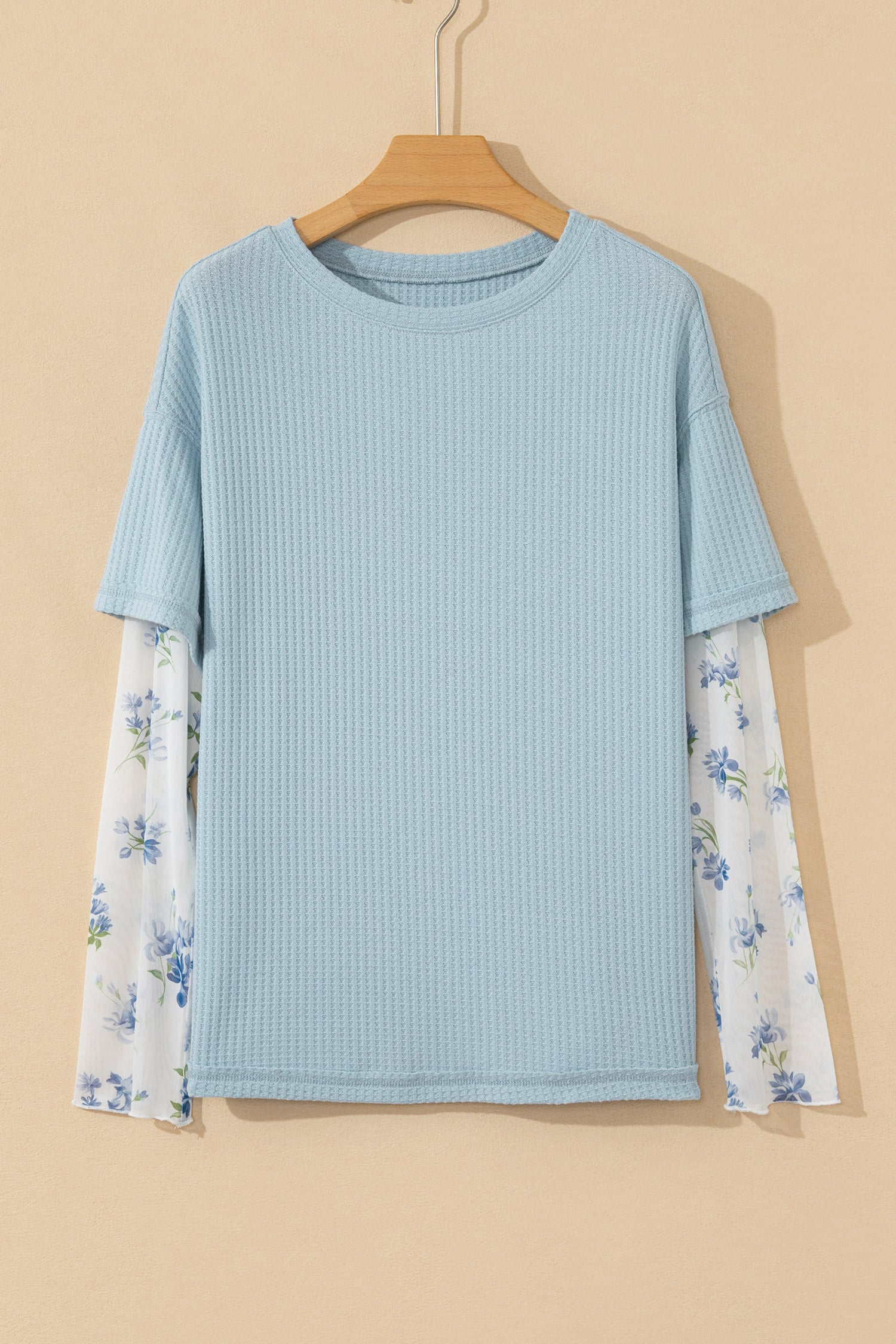 Beau Blue Floral Lace Sleeve Patchwork Waffle Fake Two-piece Top