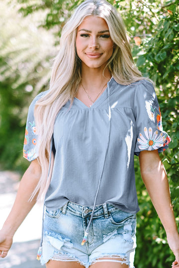 Beau Blue Floral Embroidered Puff Sleeve Split Neck Blouse