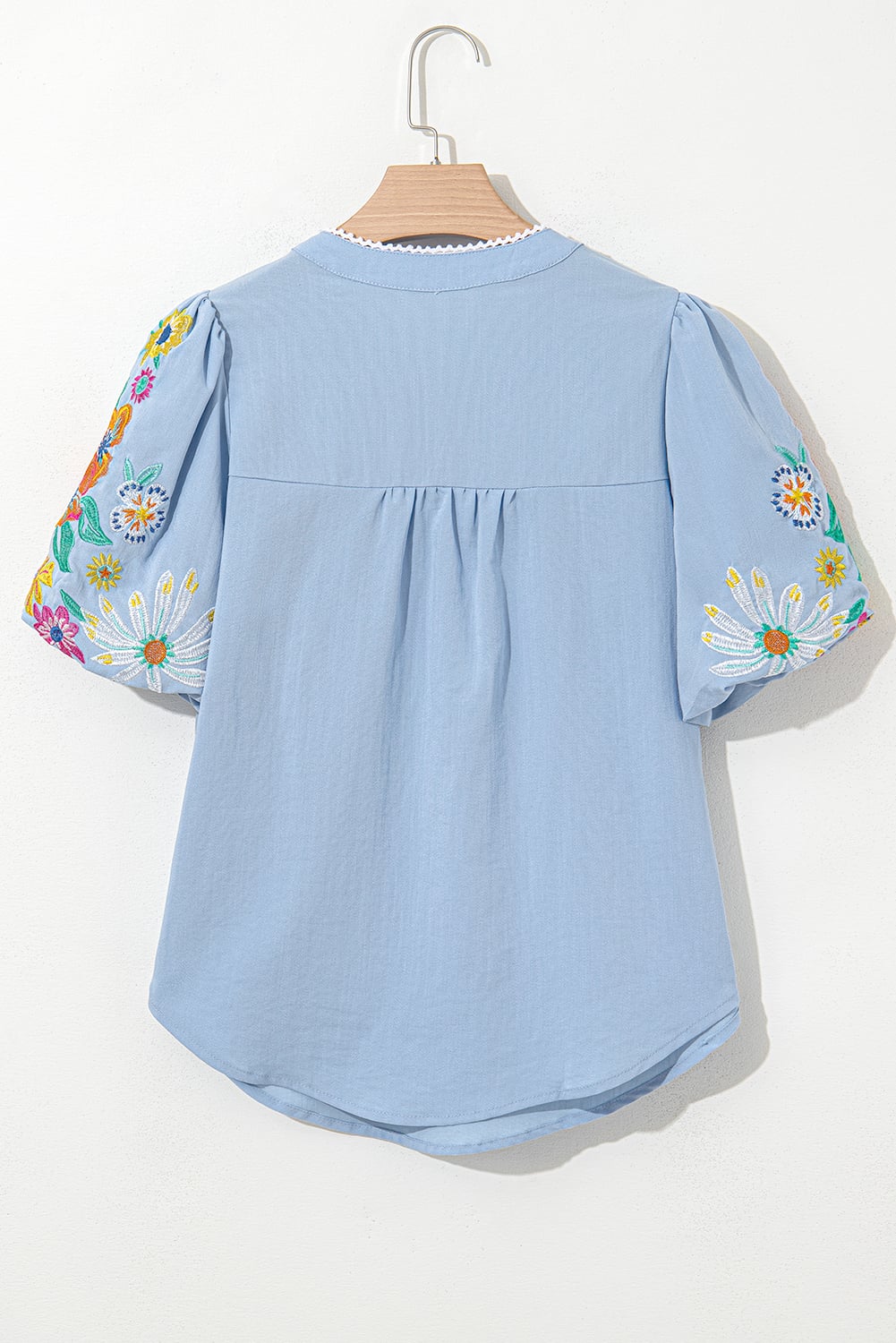 Beau Blue Floral Embroidered Puff Sleeve Split Neck Blouse