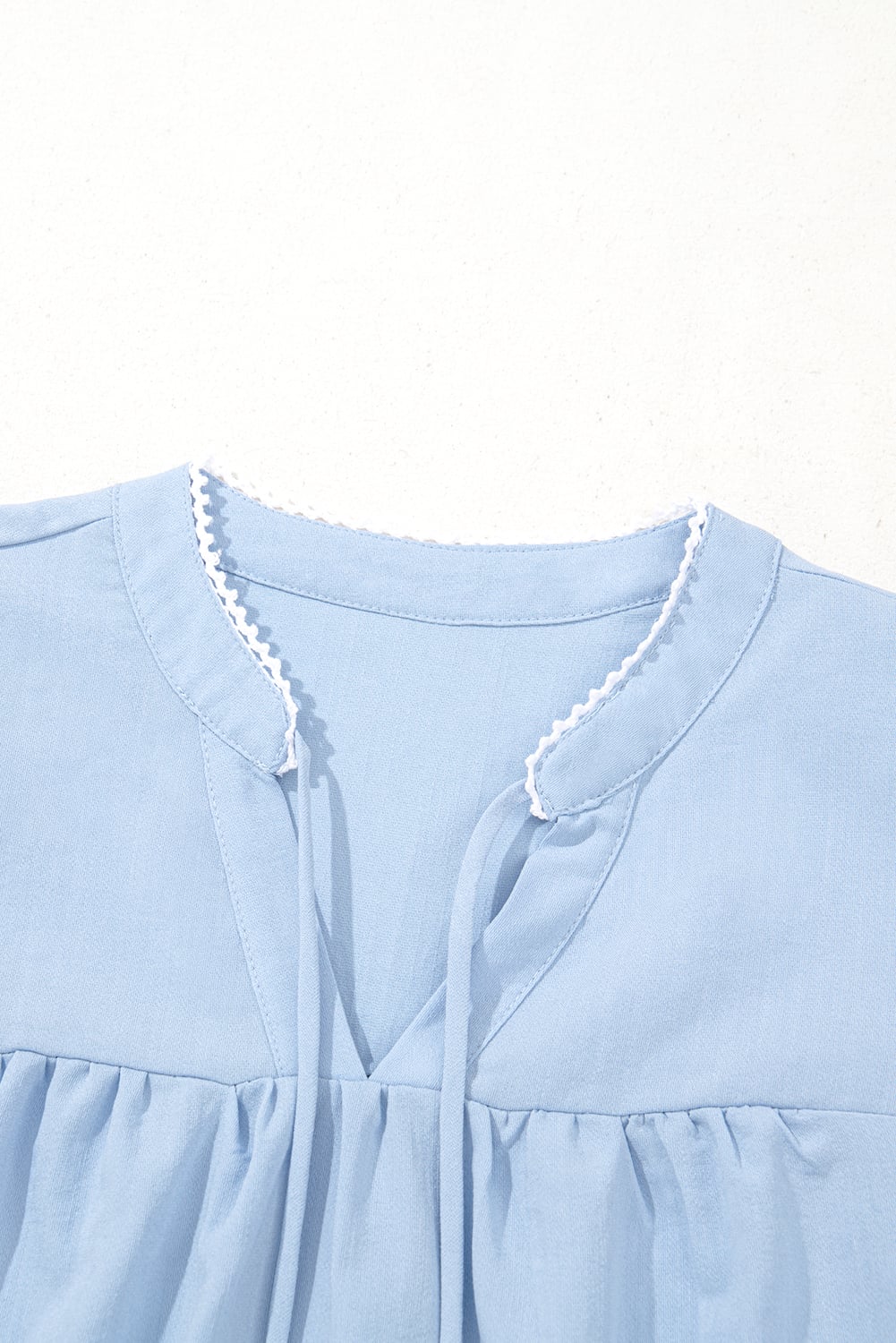 Beau Blue Floral Embroidered Puff Sleeve Split Neck Blouse