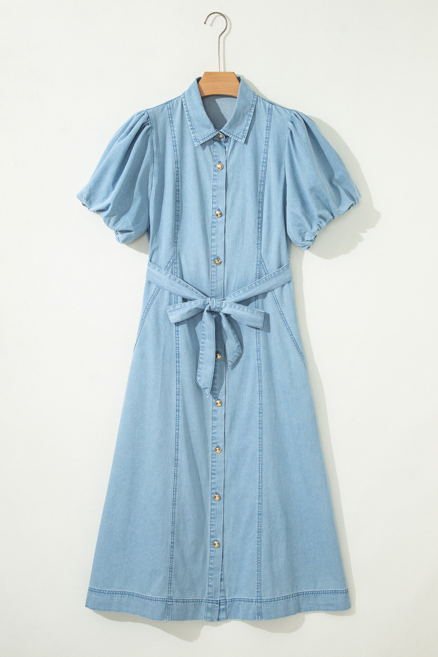 Beau Blue Full Buttons Collared Short Bubble Sleeve Long Denim Dress