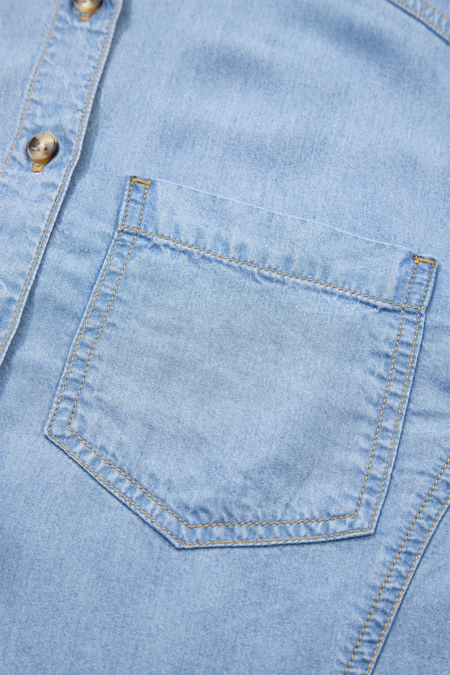 Beau Blue Half Sleeve Button Down Ruffled High Low Chambray Shirt