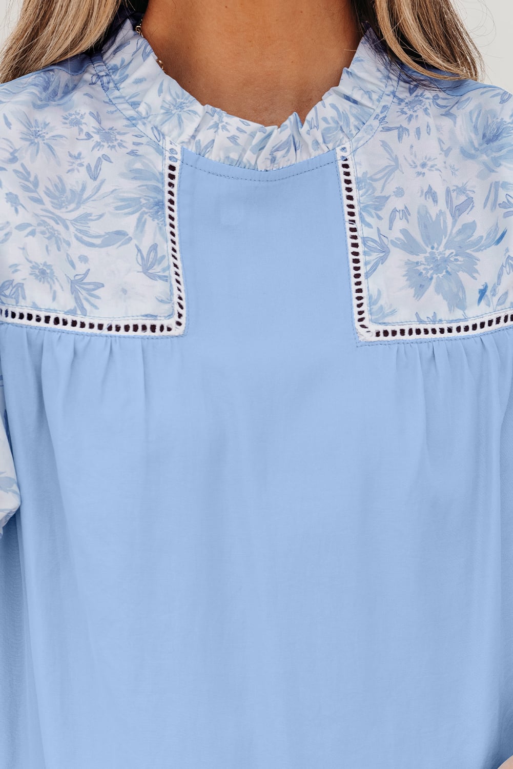 Beau Blue Lace Insert Floral Puff Sleeve Patchwork Loose Blouse