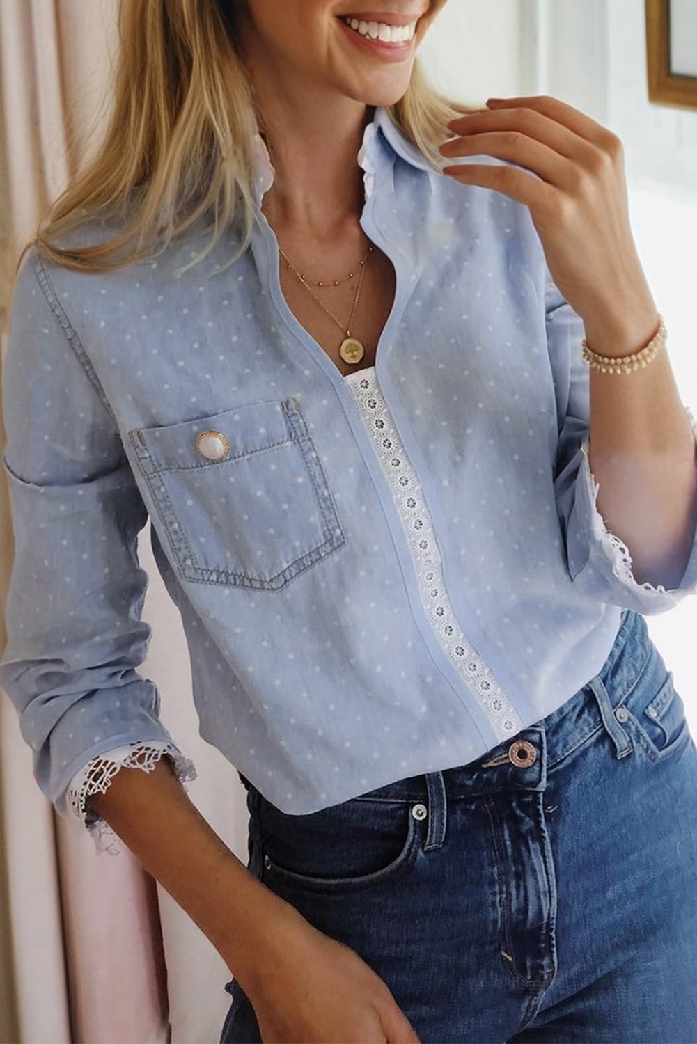 Beau Blue Lace Trim Patchwork Dotted Print Collared Denim Blouse