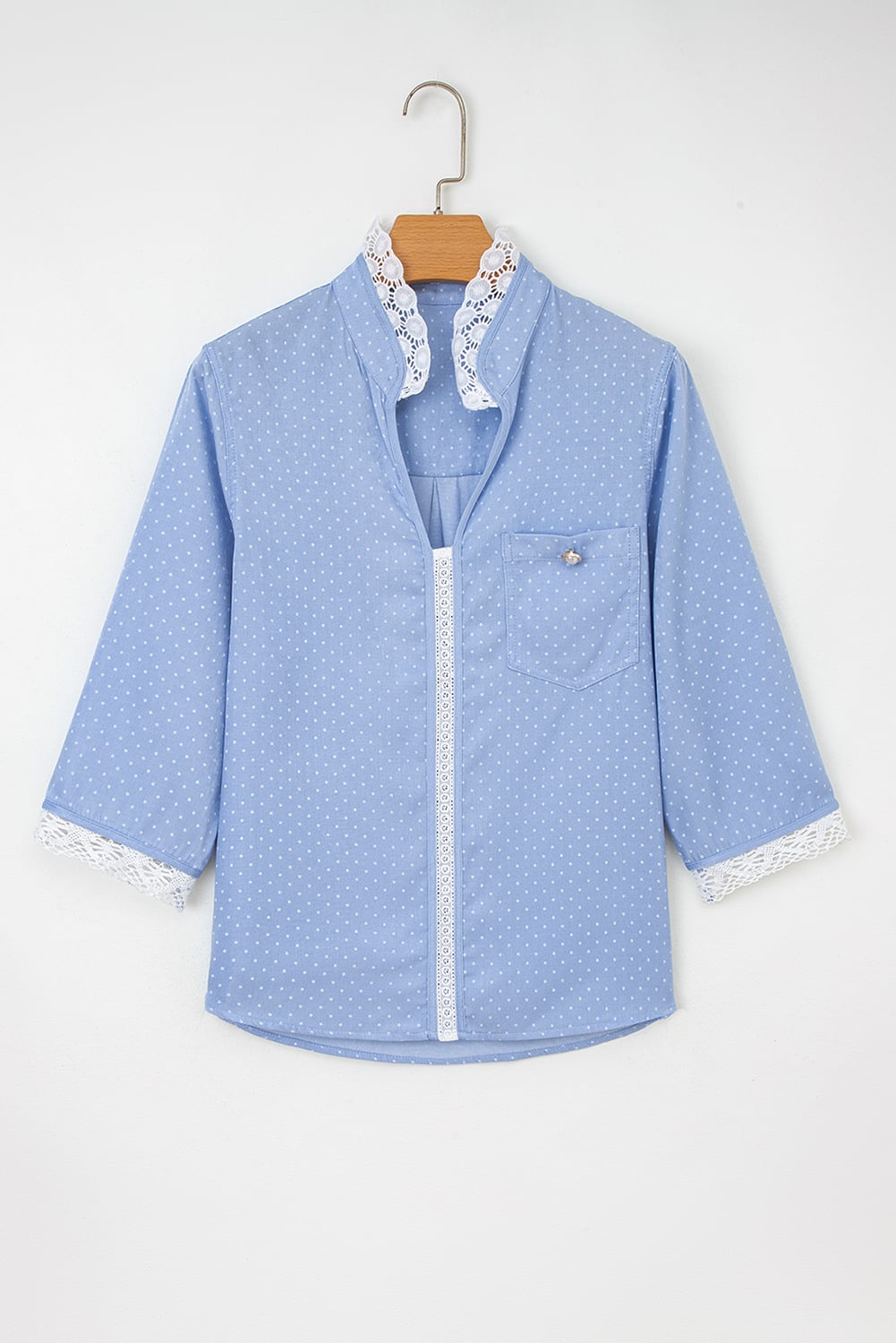 Beau Blue Lace Trim Patchwork Dotted Print Collared Denim Blouse