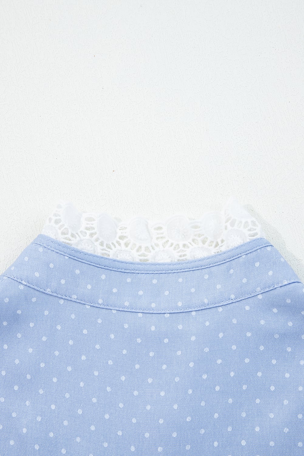 Beau Blue Lace Trim Patchwork Dotted Print Collared Denim Blouse