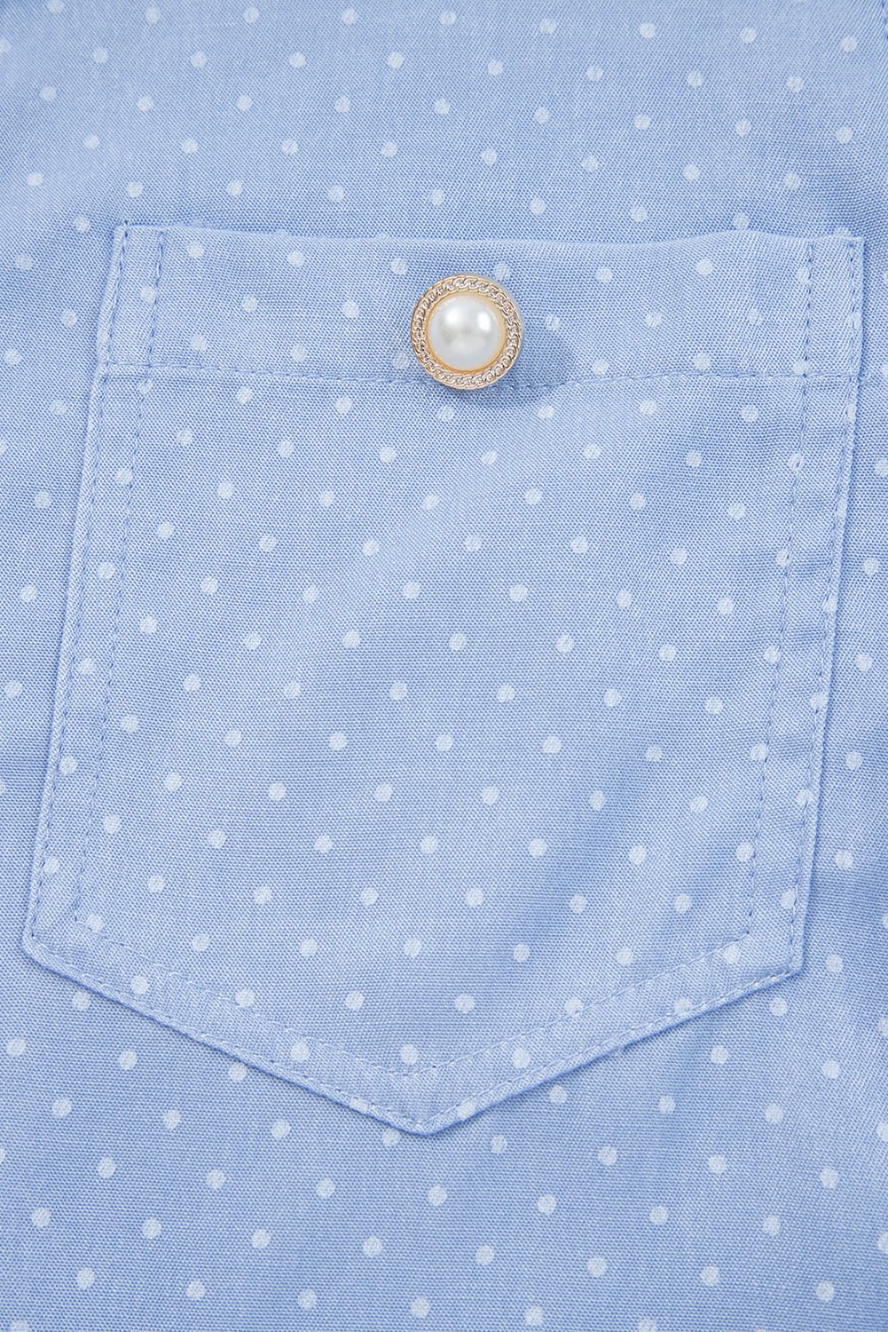 Beau Blue Lace Trim Patchwork Dotted Print Collared Denim Blouse