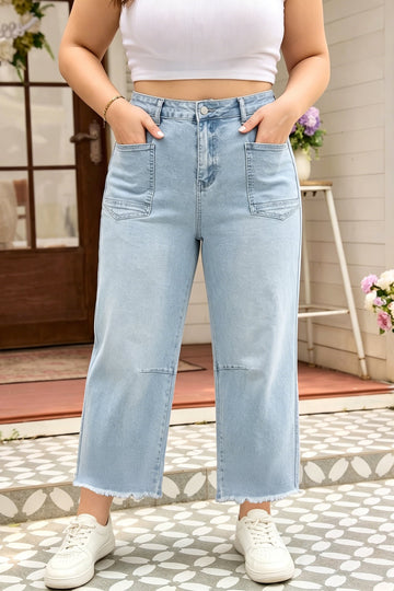 Beau Blue Plus Size Seam Detail Patch Pocket Raw Cut Shift Jeans