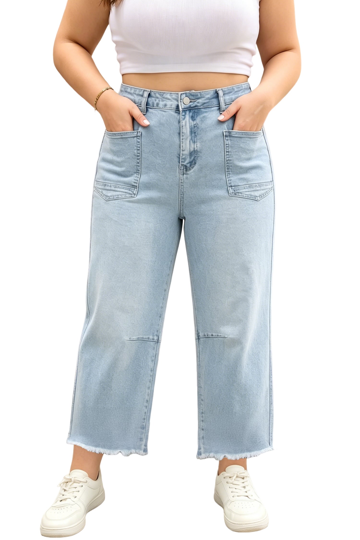 Beau Blue Plus Size Seam Detail Patch Pocket Raw Cut Shift Jeans