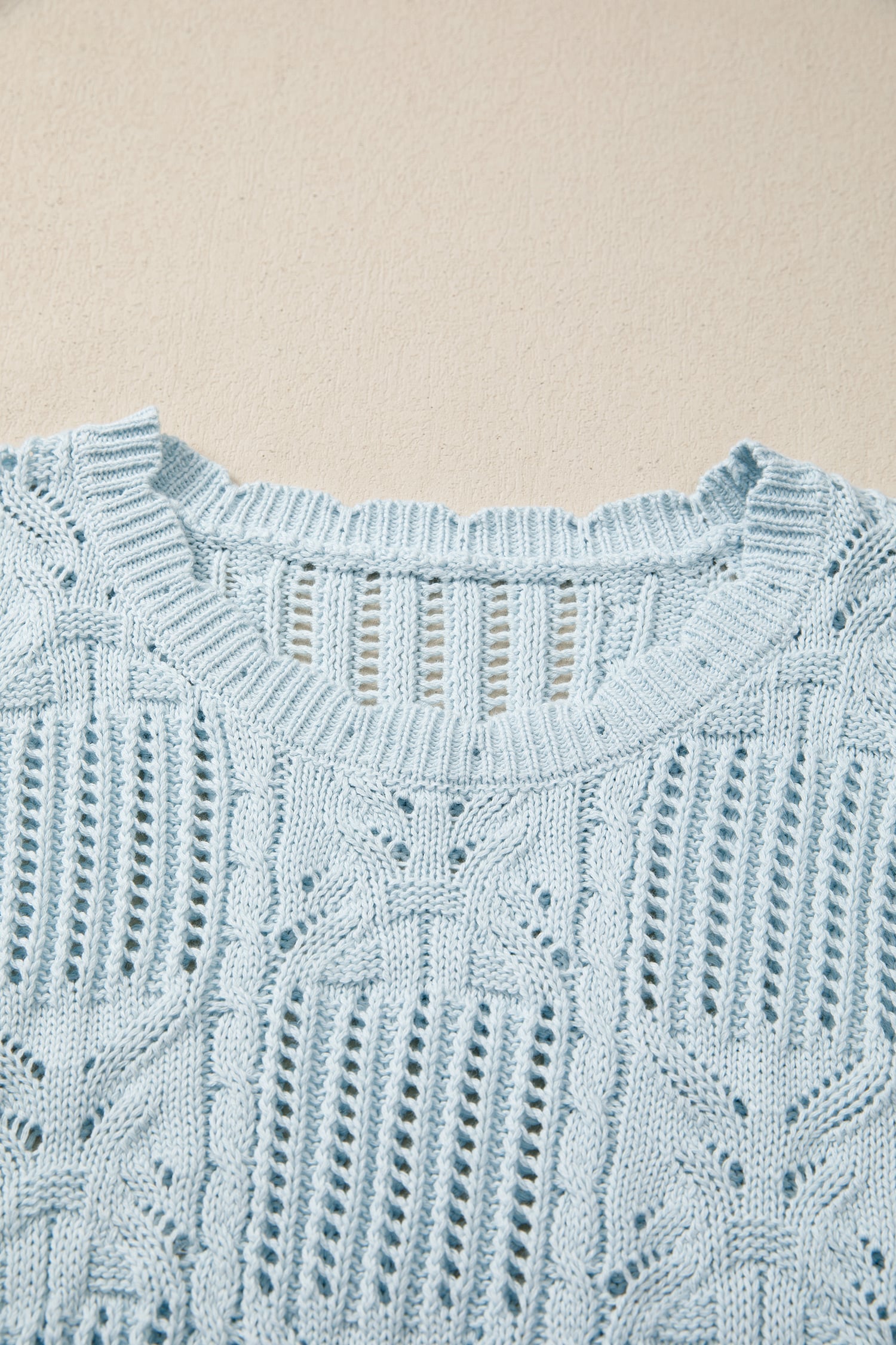 Beau Blue Pointelle Knit Patterned Scalloped Trim Short Sleeve Sweater
