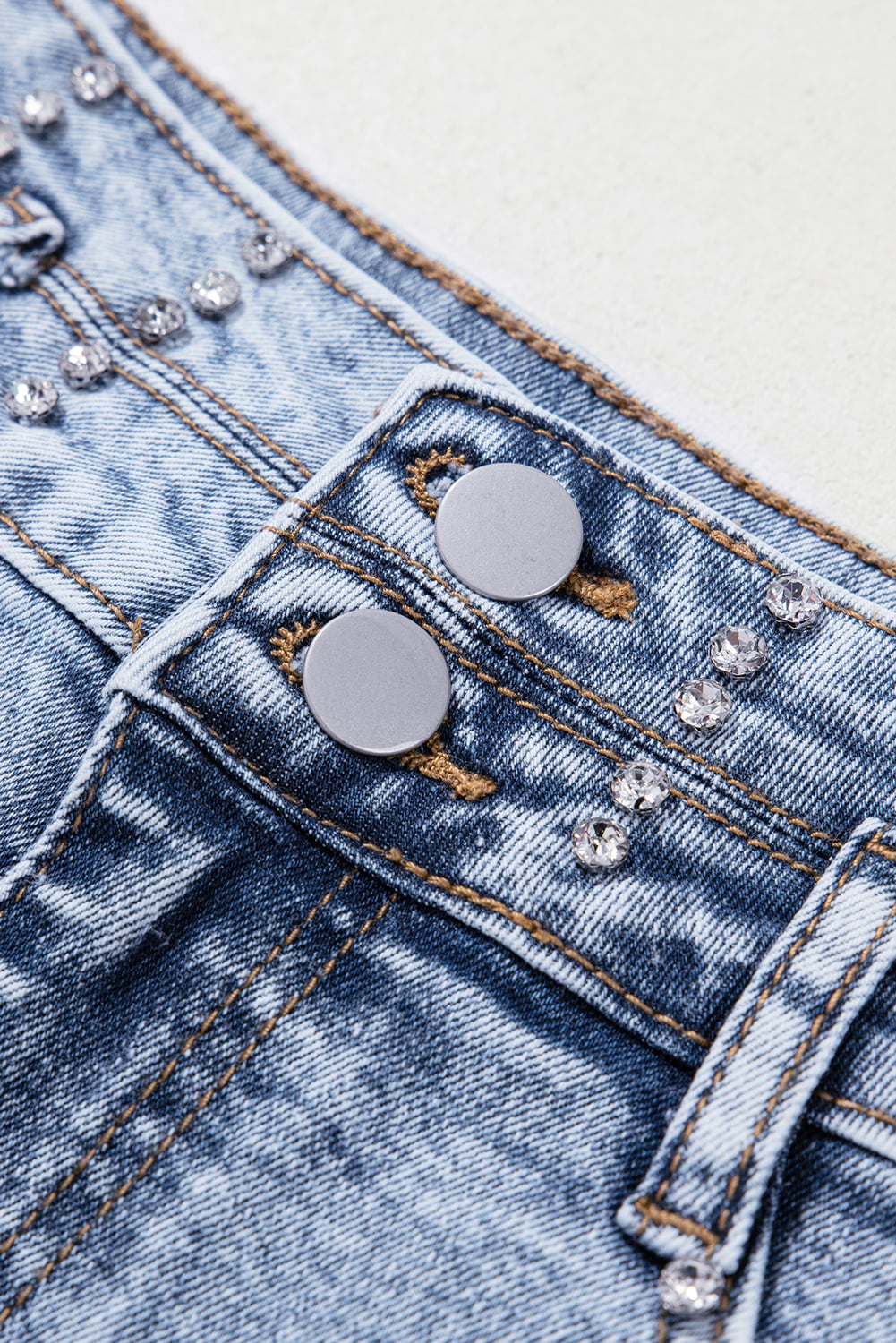 Beau Blue Rhinestone Light Wash Raw Hem High Waist Denim Shorts
