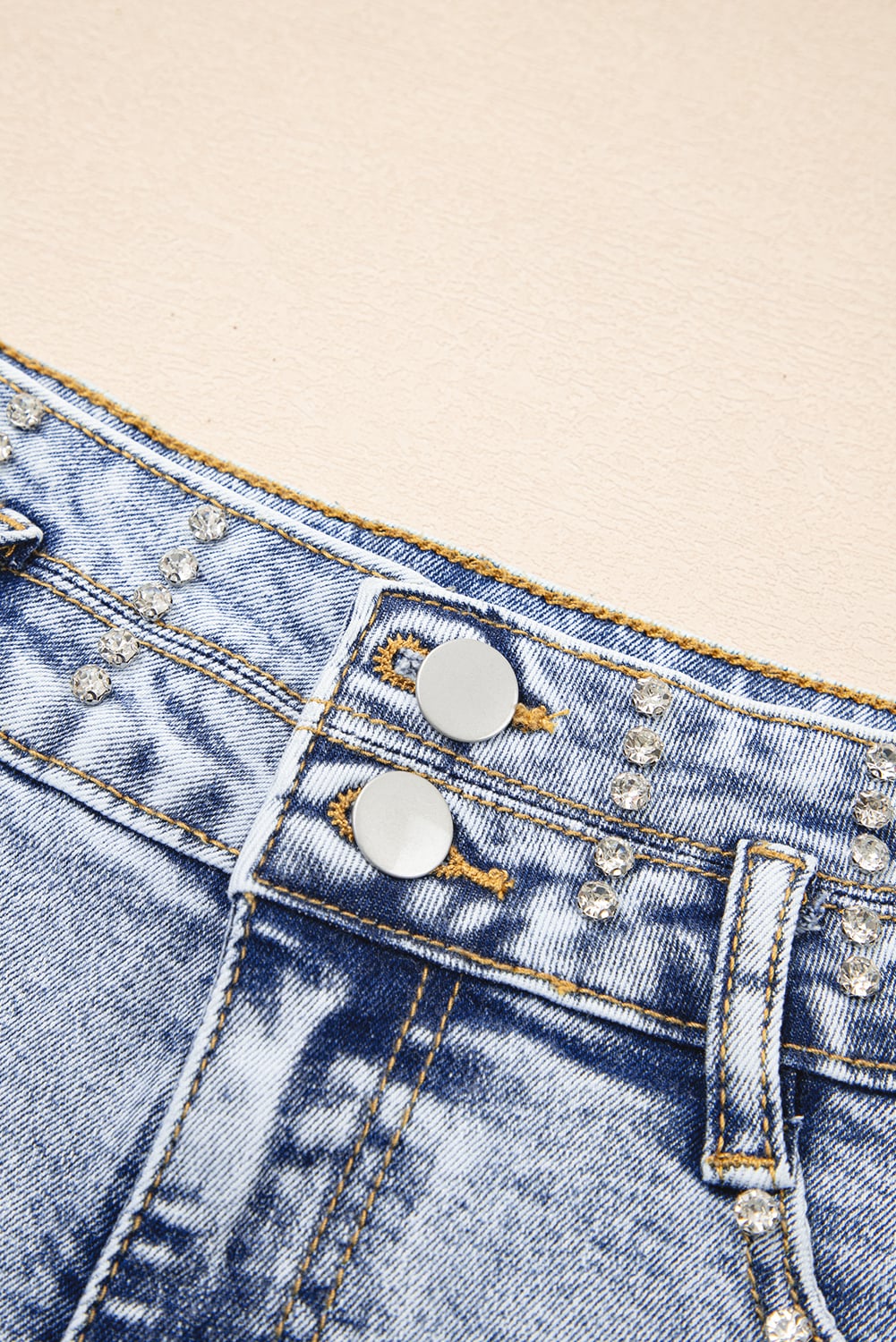 Beau Blue Rhinestone Light Wash Raw Hem High Waist Denim Shorts