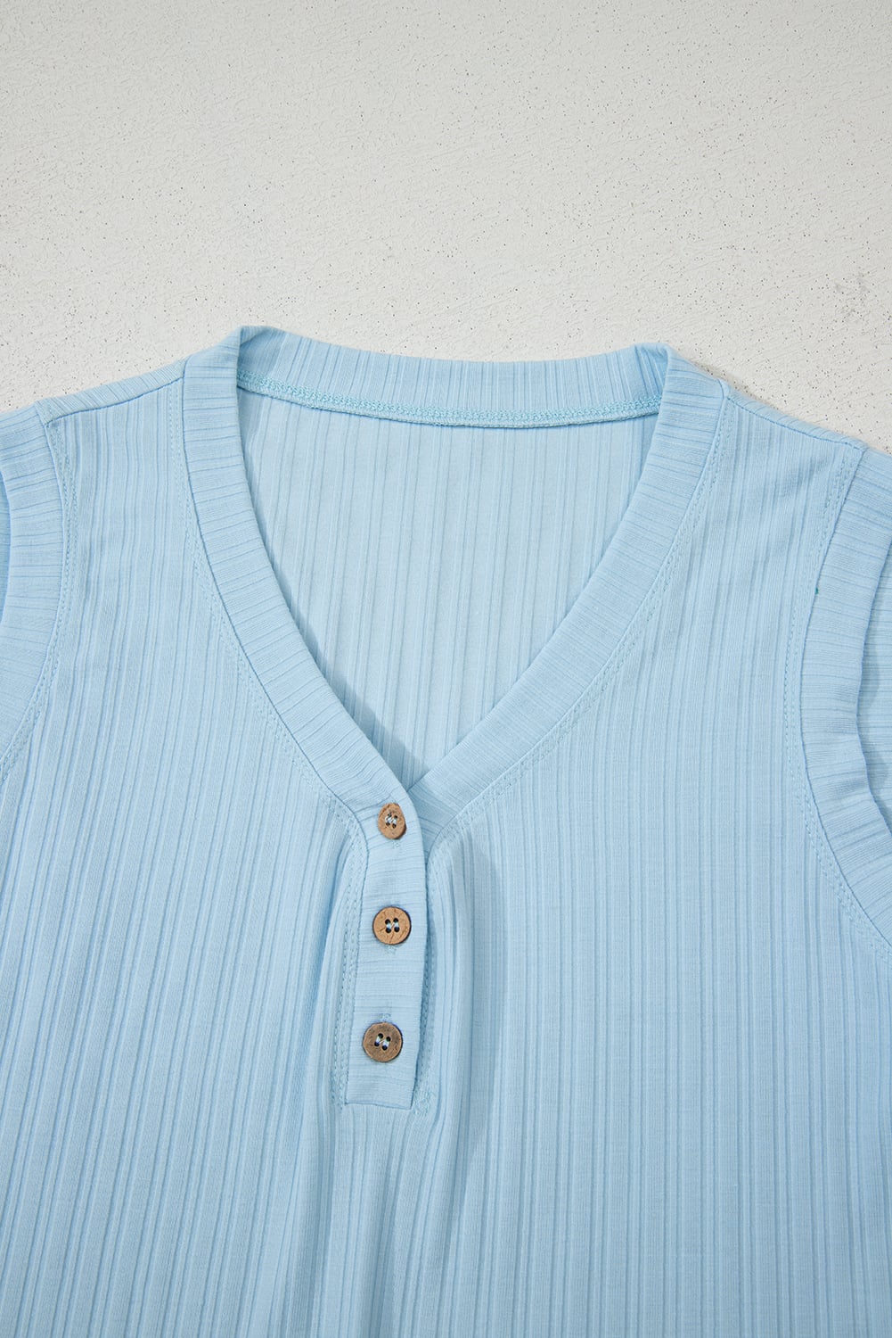 Beau Blue Ribbed Button V Neck Tank Top and Shorts Set