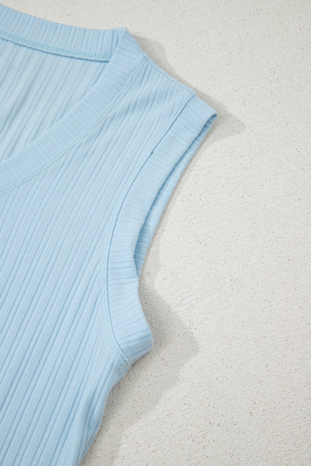 Beau Blue Ribbed Button V Neck Tank Top and Shorts Set