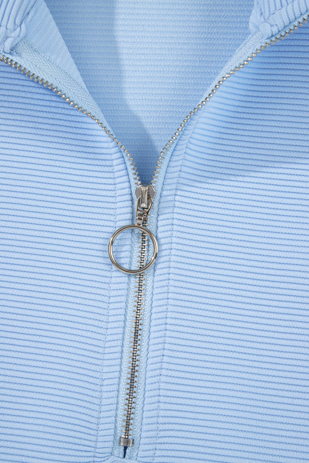 Beau Blue Ribbed Texture Half Zip Ruffled Short Sleeve Top and Shorts Set