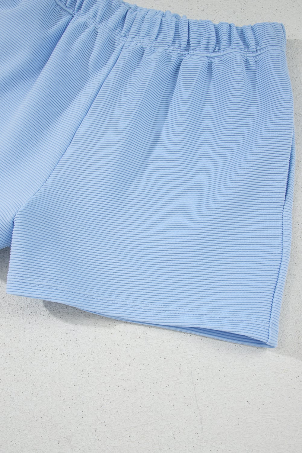 Beau Blue Ribbed Texture Half Zip Ruffled Short Sleeve Top and Shorts Set