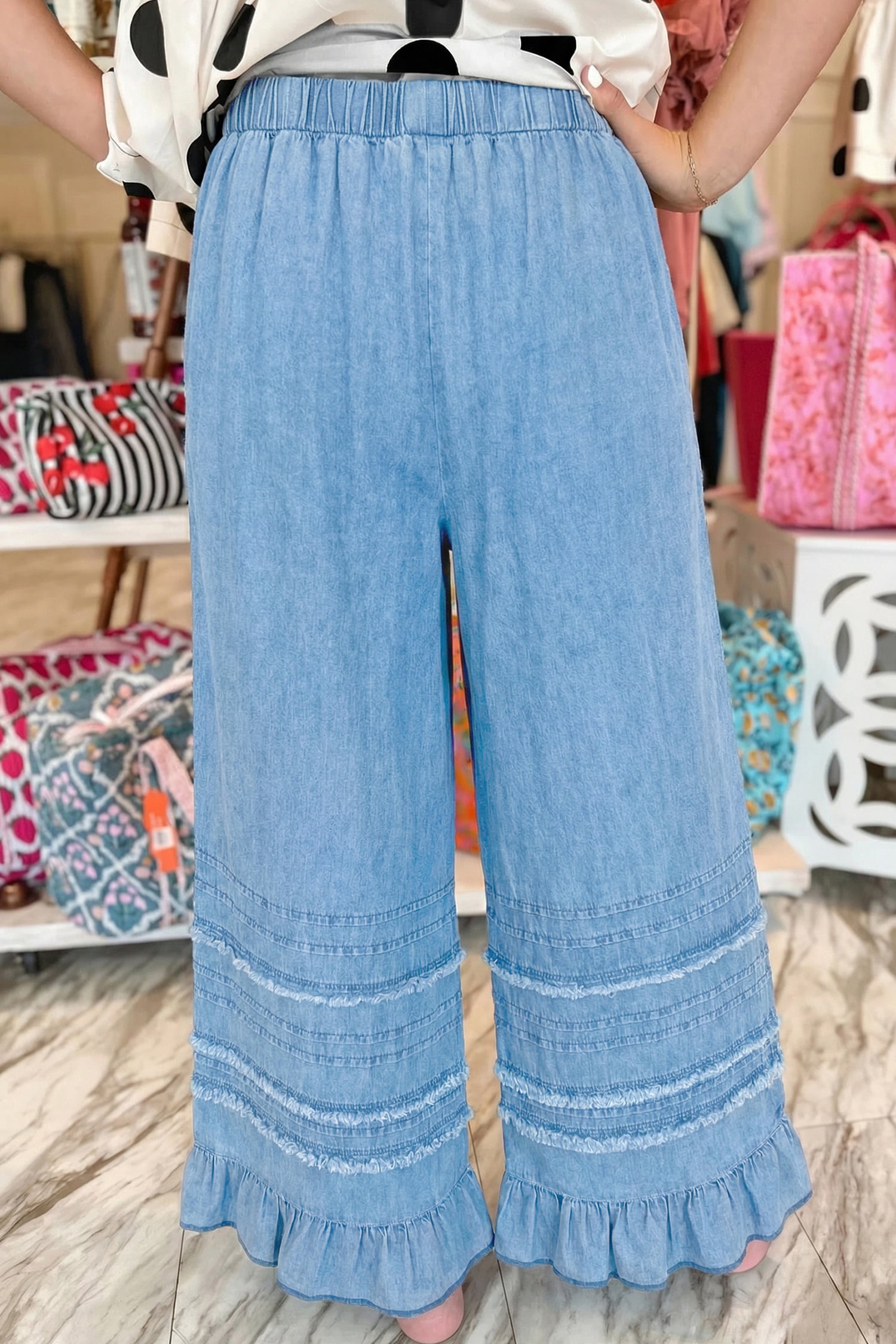 Beau Blue Ruffled Hem Wide Leg Chambray Pants