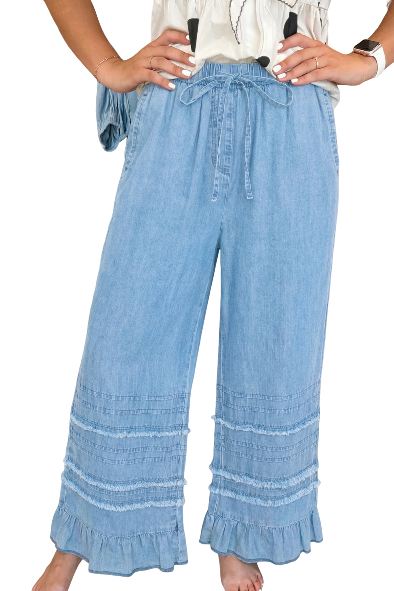 Beau Blue Ruffled Hem Wide Leg Chambray Pants