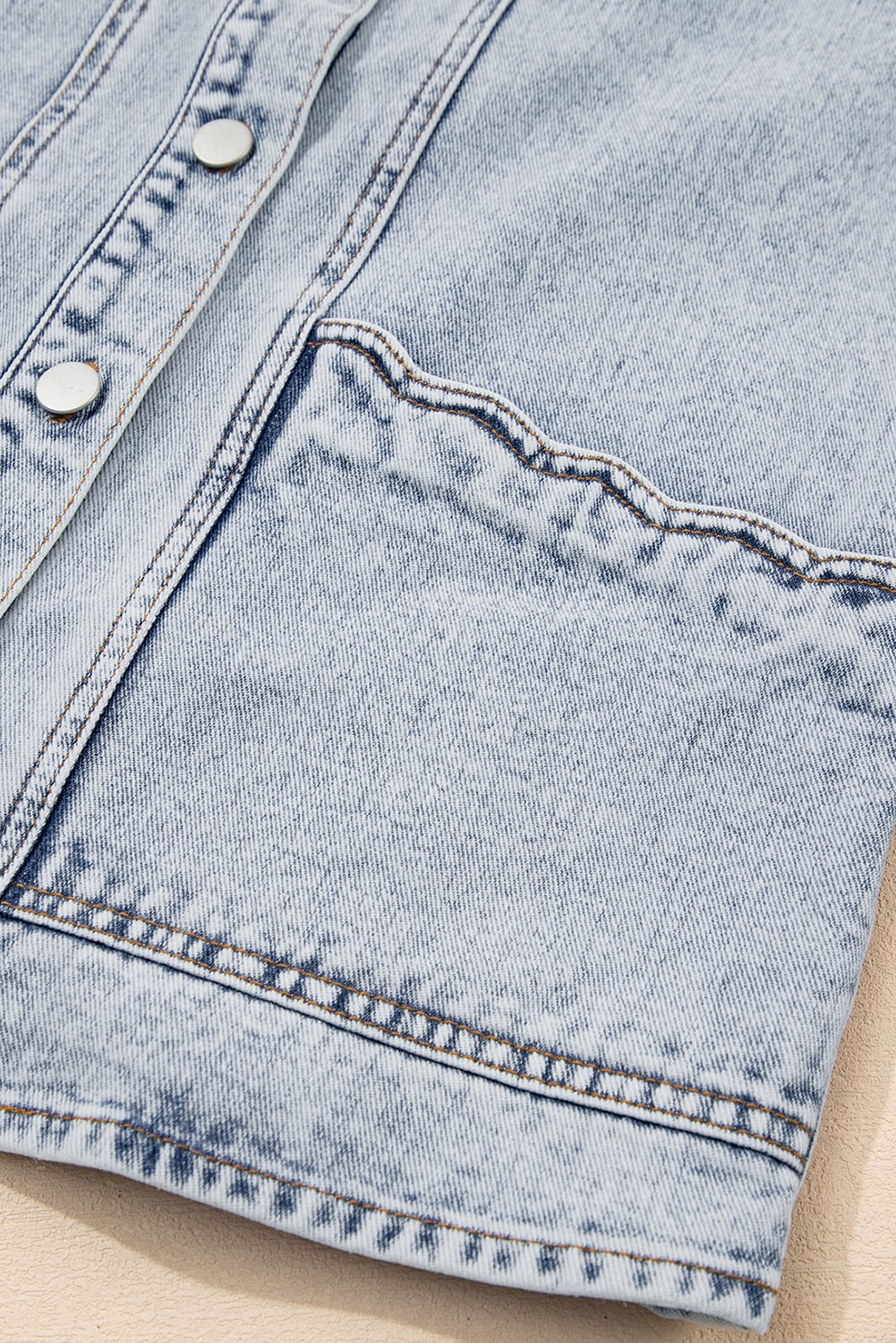 Beau Blue Scalloped Trim Patch Pocket Button Front Denim Vest