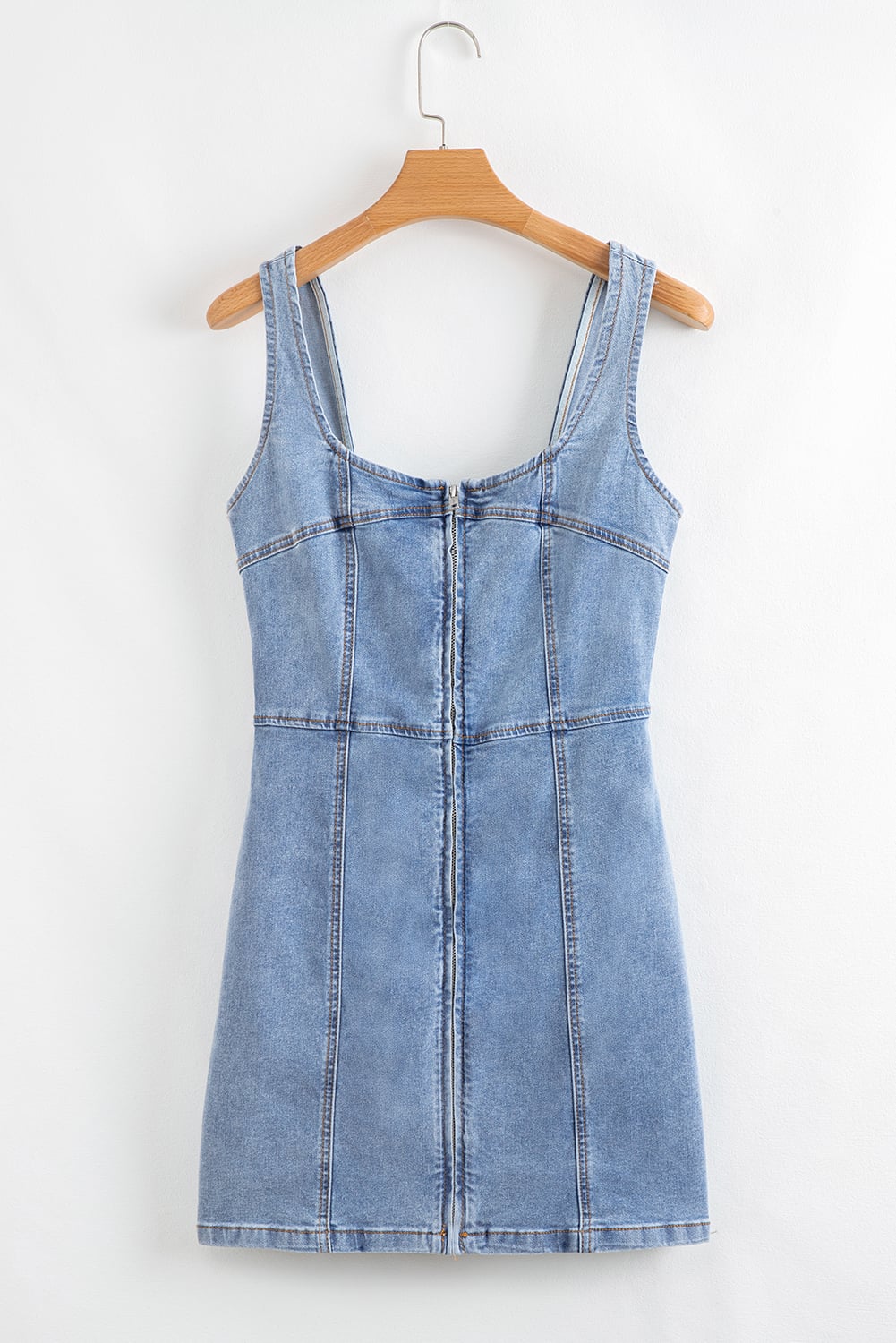 Beau Blue Seamed Zipper Square Neck Sleeveless Denim Mini Dress