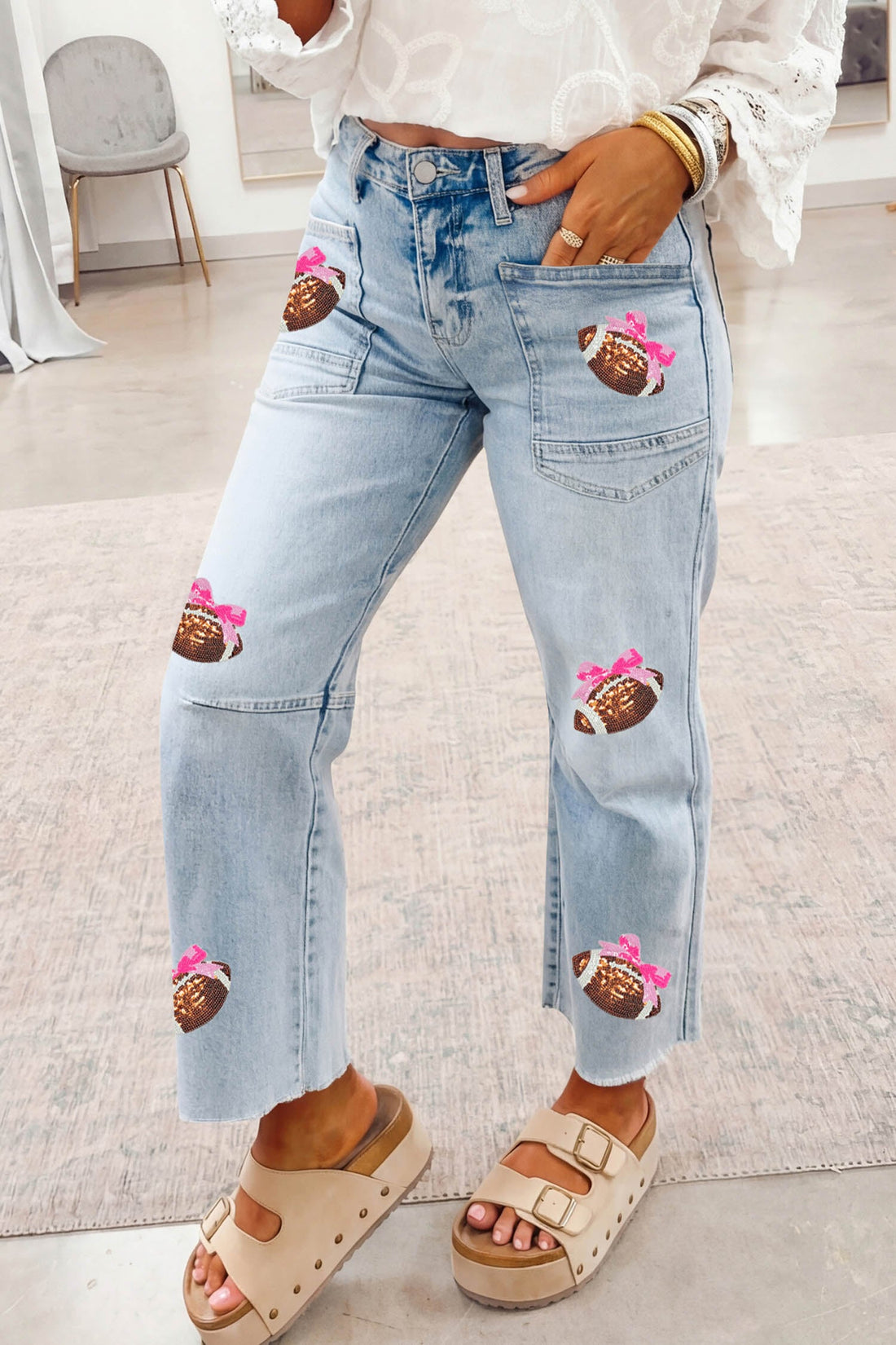 Beau Blue Sequin Bow Football Patches Raw Cut Ankle Length Jeans