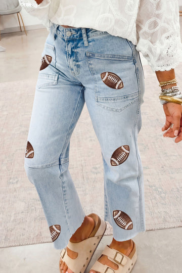Beau Blue Sequin Detail Patched Rugby Pattern Raw Hem Shift Jeans